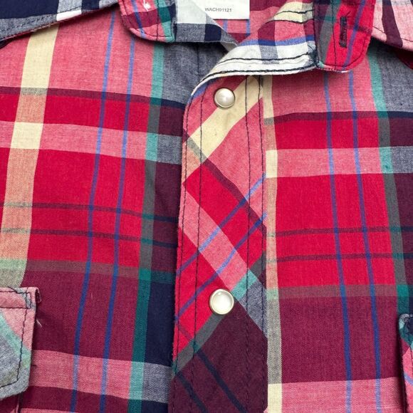 Wrangler Western Pearl Button Down Shirt Mens 17.5 Tall Red Plaid Short Sleeve - Picture 7 of 13